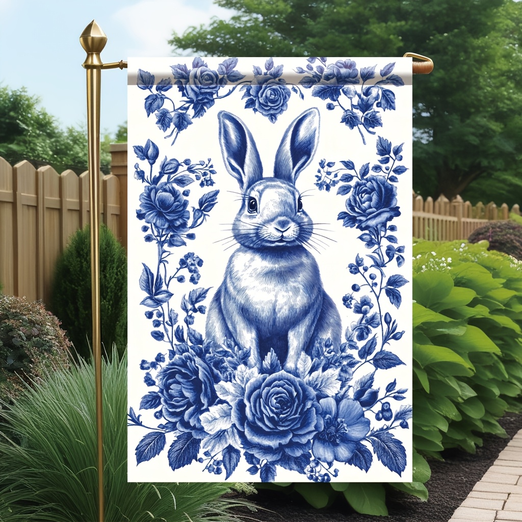 

1pc, Blue Floral Bunny Flag - 18x12 Inch Double-sided Polyester Outdoor Decor With Rabbit & Roses Design For Yard, Lawn, Or Home (flagpole Not Included), Garden Decorations