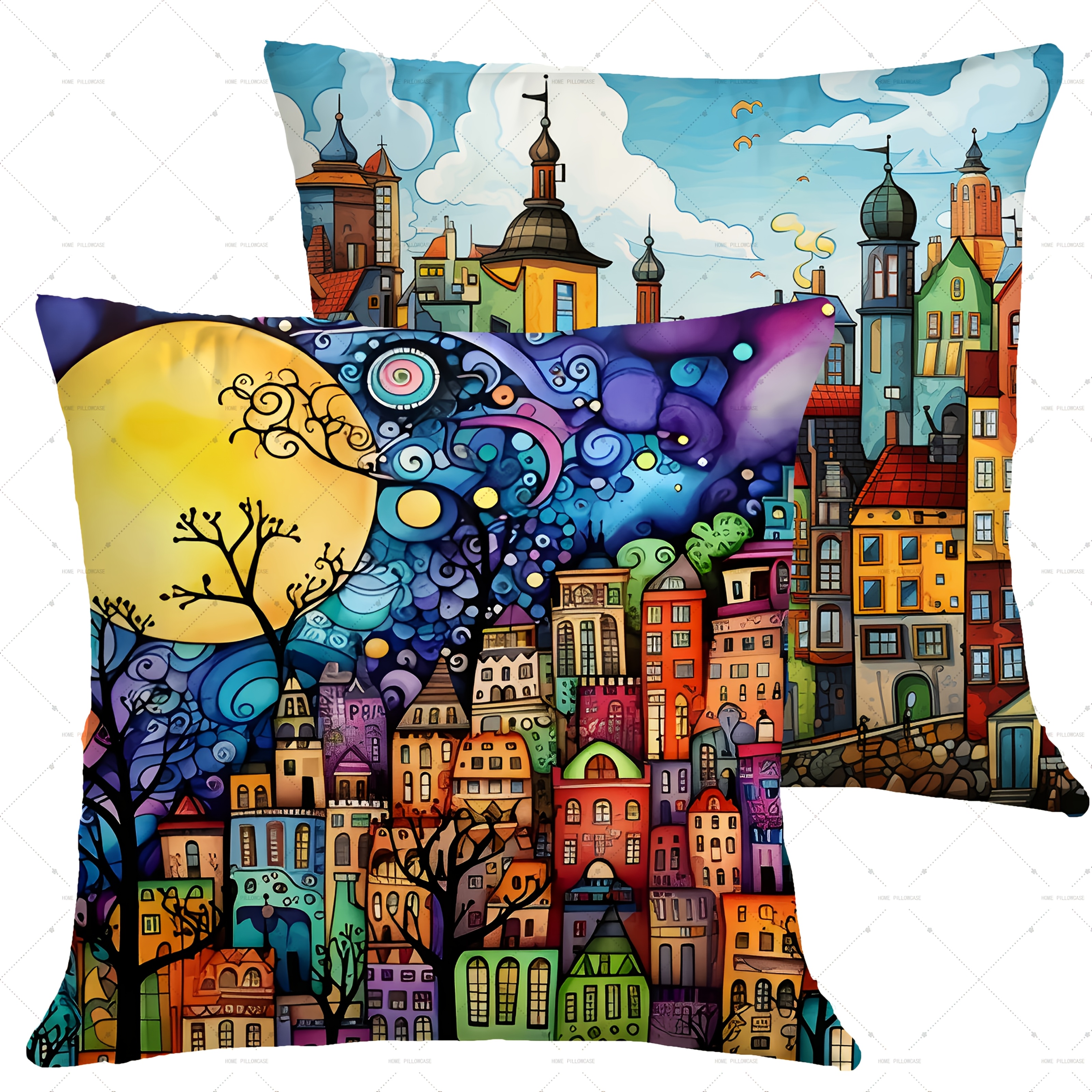 TEMU 2pcs Abstract Cityscape Cushion Covers, Christmas Inspired, Polyester, Printed, Jacquard Weave, Zippered, Machine Washable, Contemporary Style,