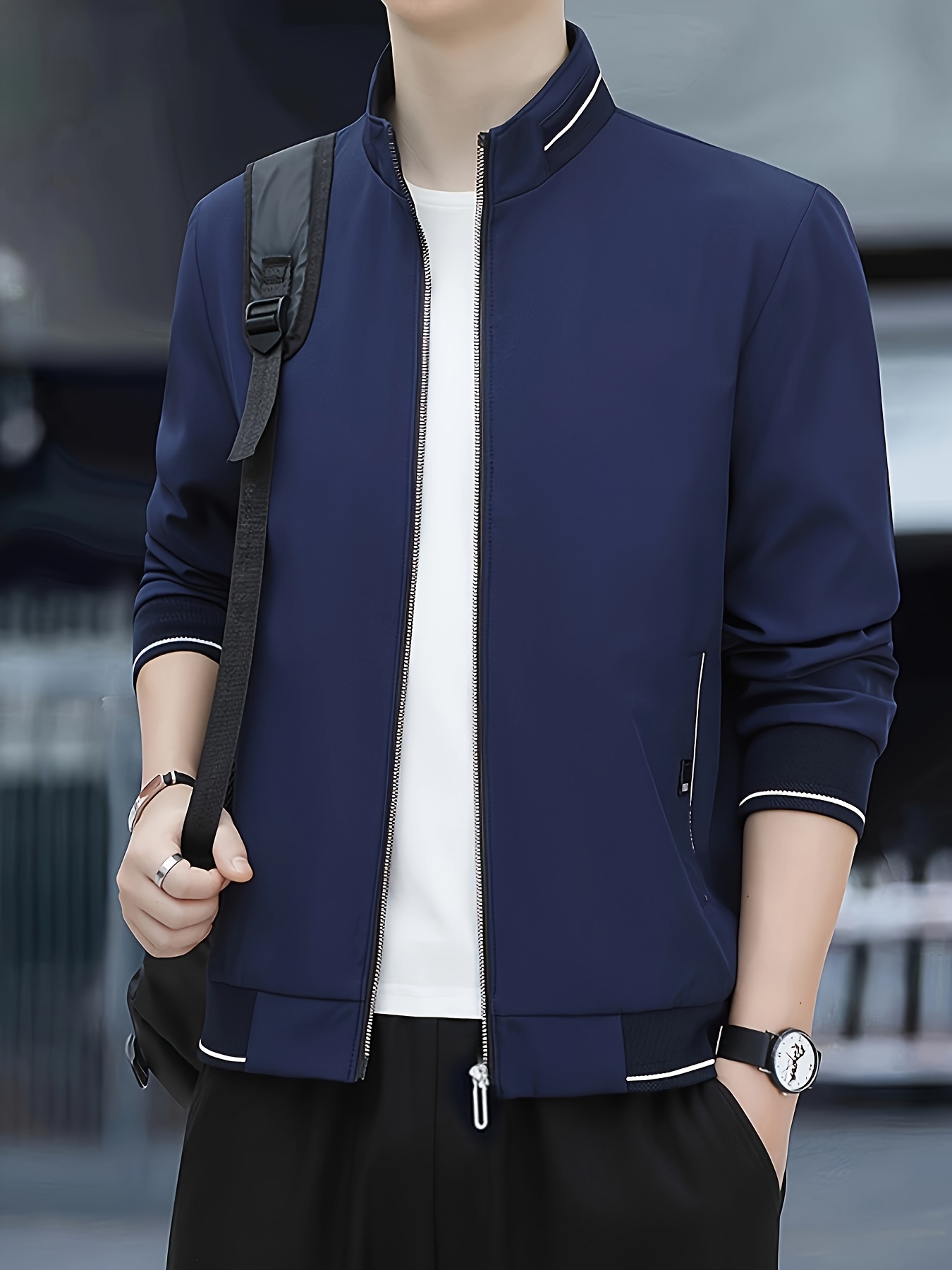mens solid color jacket casual stand collar zip long sleeve - Temu