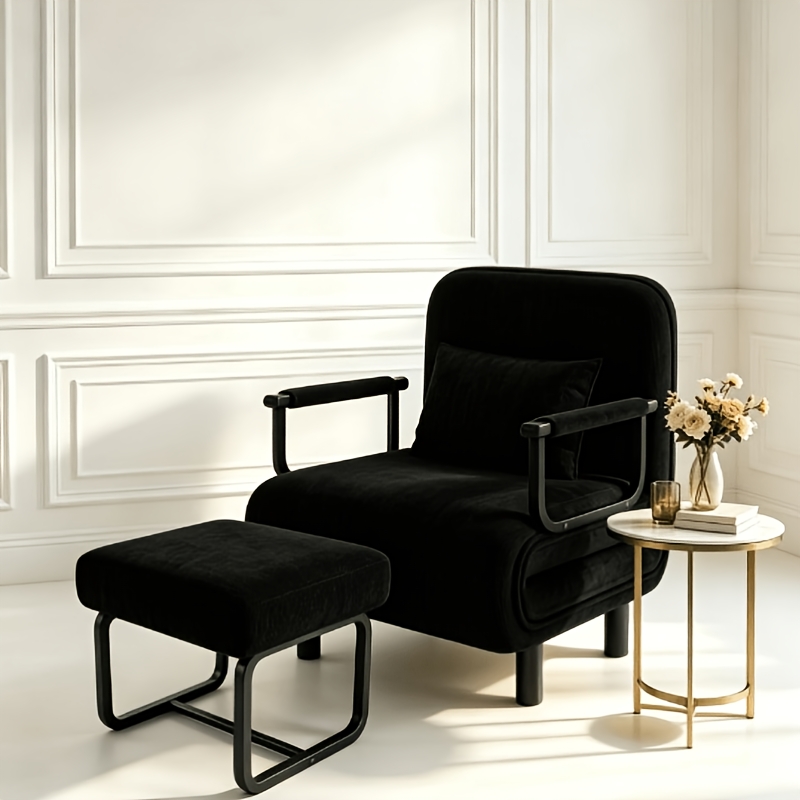 TEMU Modern Simple Black Single Sofa Chair With Ottoman, Stable Metal Frame Thickened Velvet Chair With Pillow For Small Space