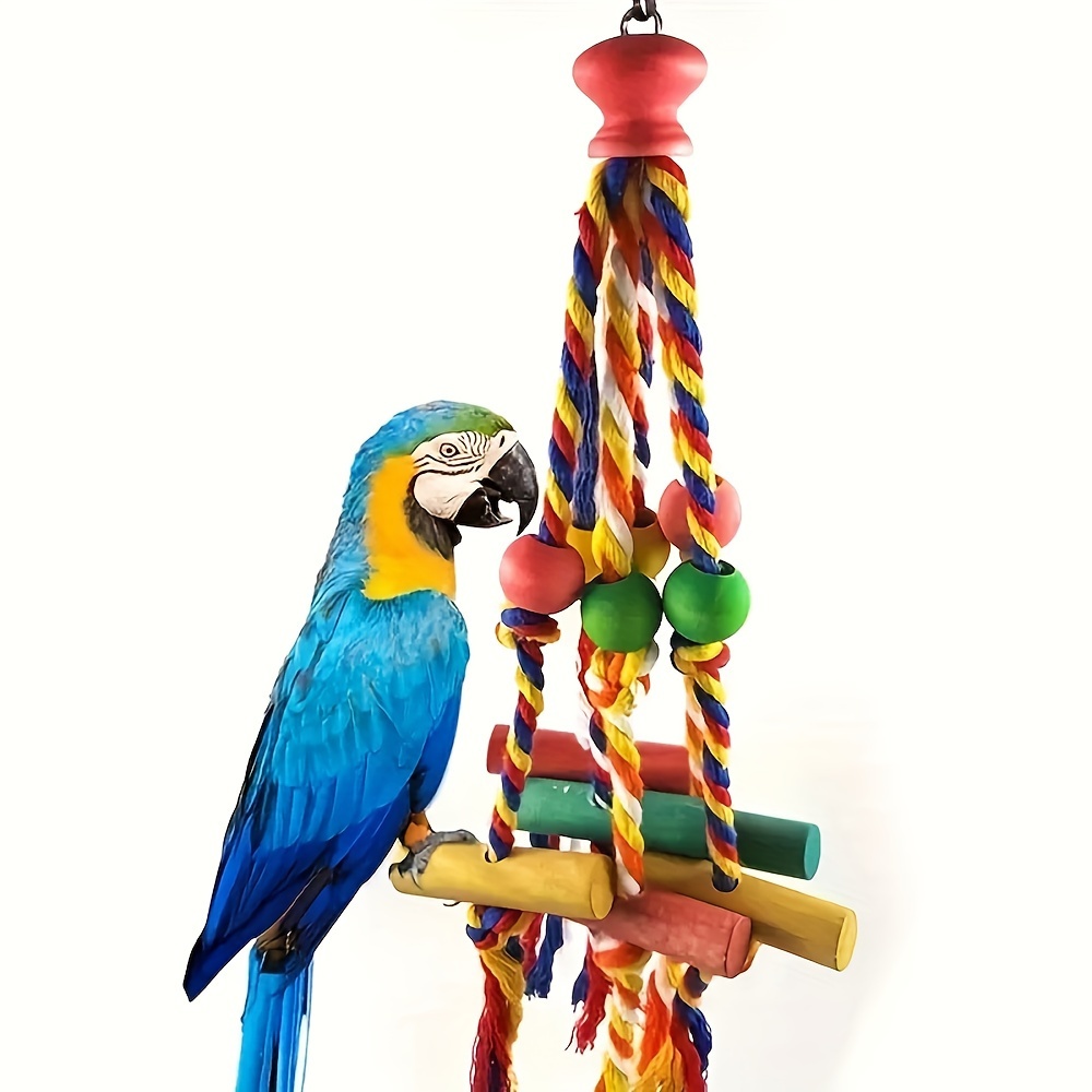 

Pet Parrot Toy: Colorful Beads And Wooden Blocks On Braided Rope For Parakeets And Cockatiels