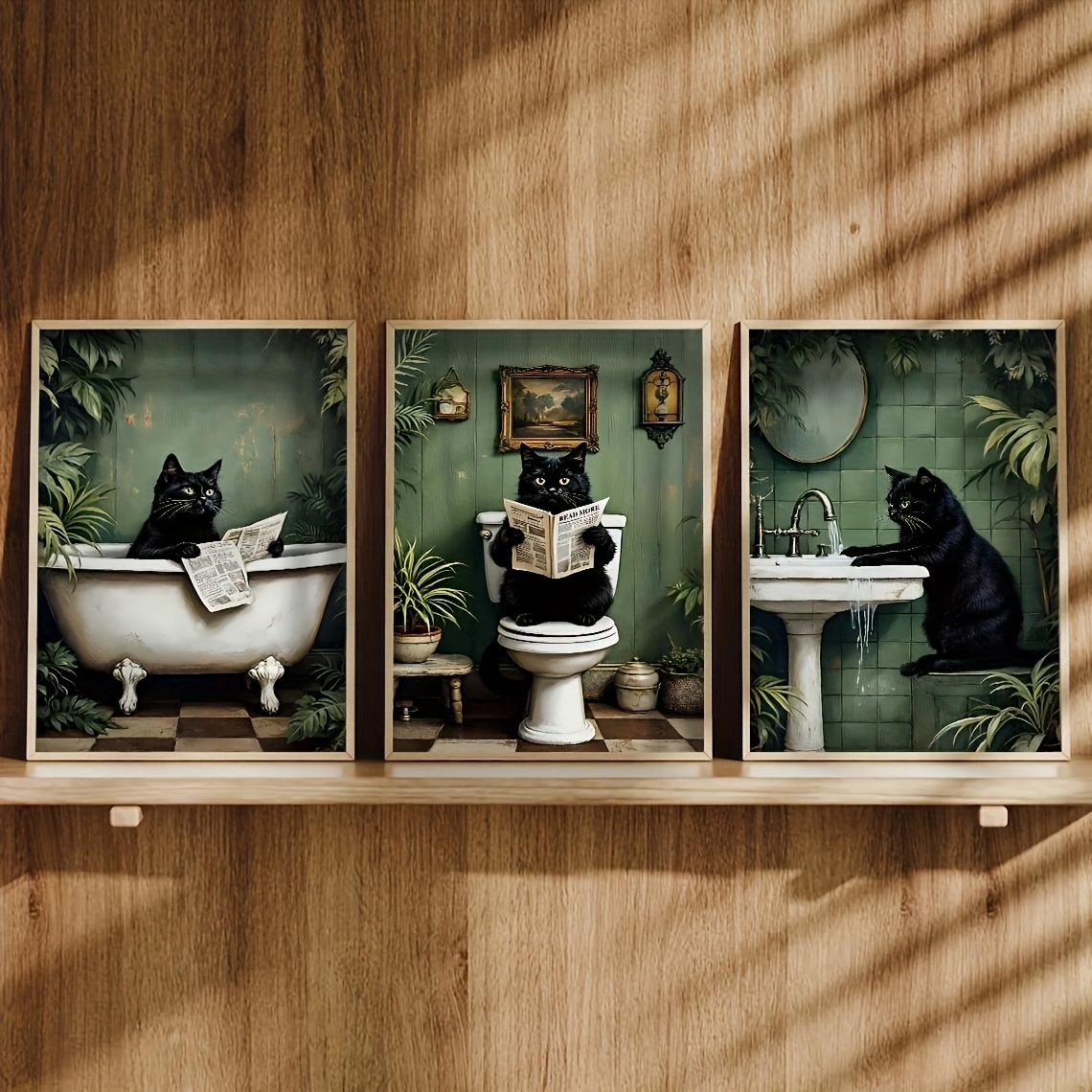 E-shop 2D Flach, 2D Flach, Drei Rahmenlose Leinwandposter mit Vintage-Kunst, Lustige Schwarze Katze Badezimmer-Stil Kunstdrucke, Wandkunst