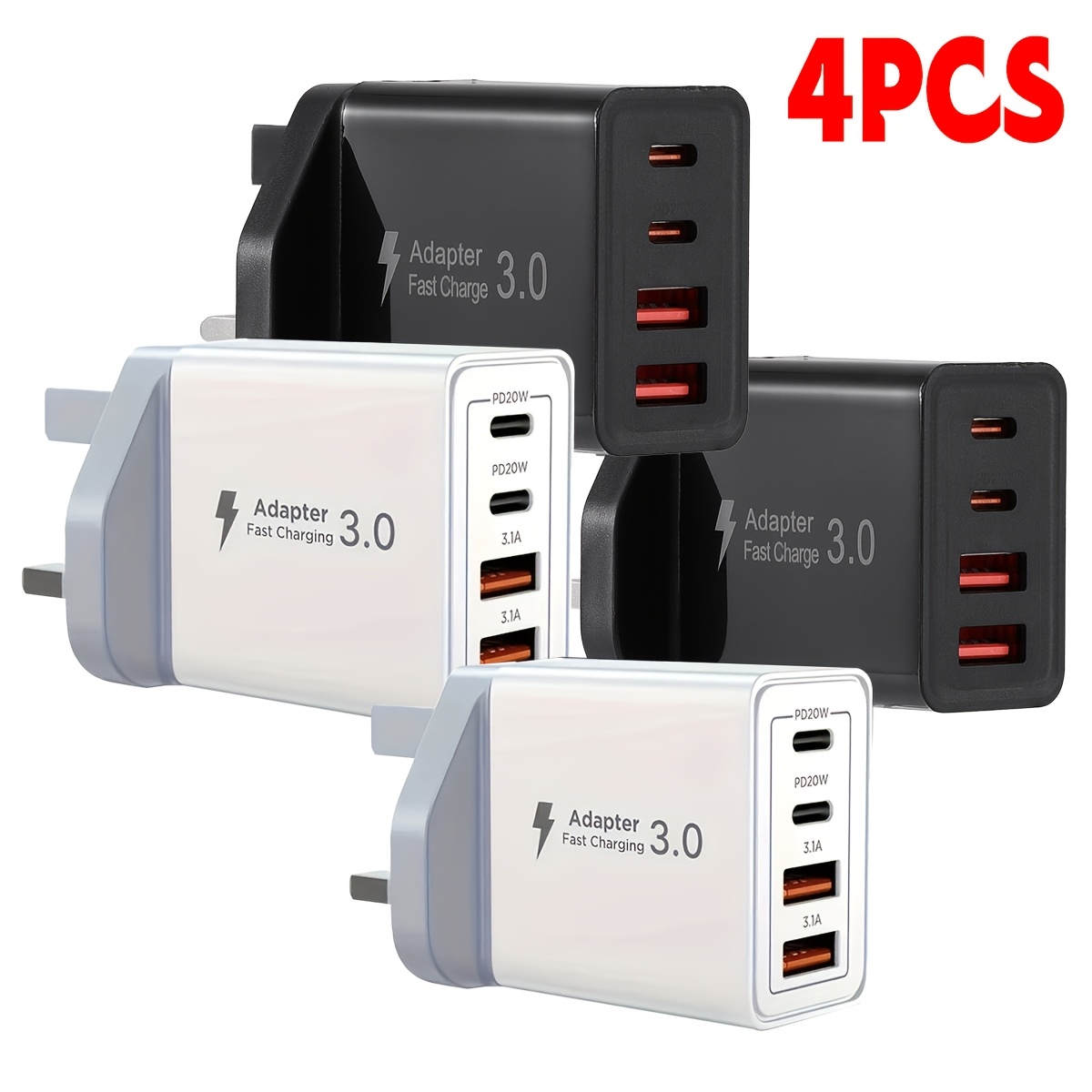 TEMU 40w Four-port Uk Wall Charger, Fast Charge Plug, 2 Usb-c Pd3.0 And 2 Usb-a Qc3.0, Multiport Desktop Power Station For Iphone 17/16/15/14/13, For