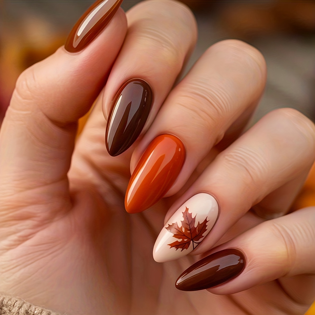 TEMU A Set Of 24 Almond-shaped Press-on False Nails, Warm Autumn -on Nails, Vintage Maple Leaf Brown And Orange Glossy Finish. Suitable For All Women