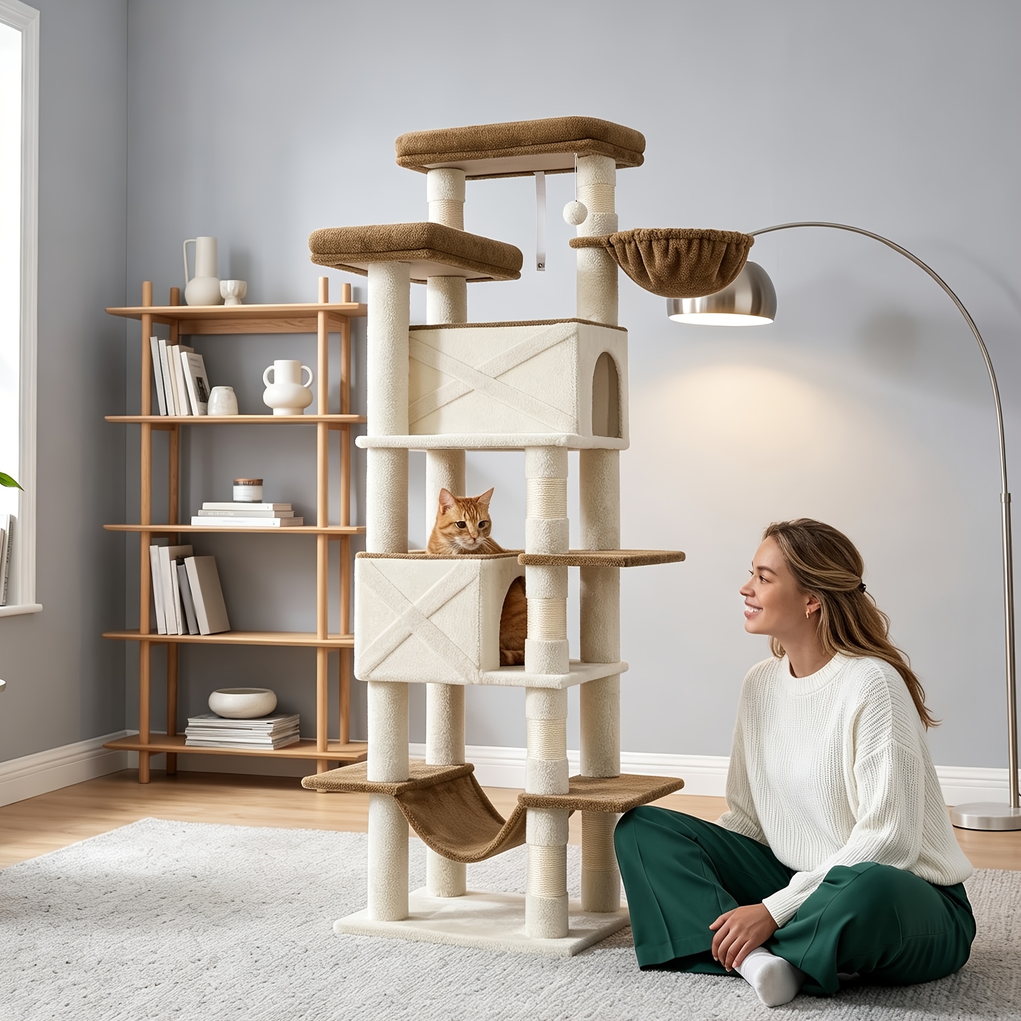 TEMU Arbre à chat traîneau (186 cm) | Arbre à chat double couche stable en bois , un meuble de jeu et de intégré pour les familles multi-chats