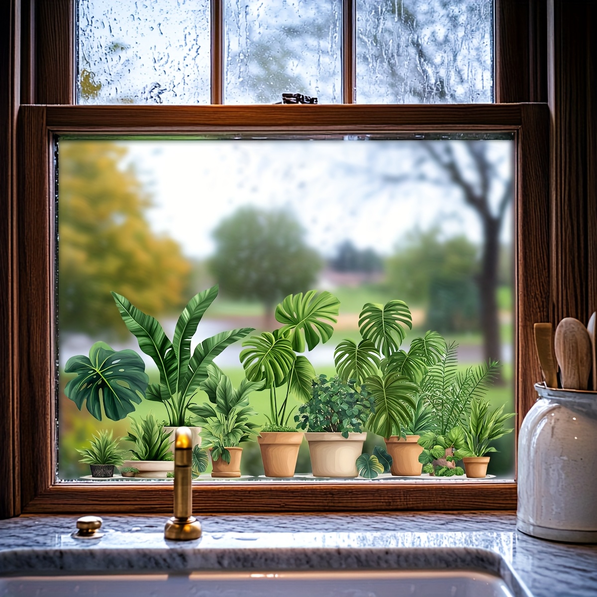 Image of 9pcs Green Plant Potted Glass Stickers, Creative Hanging Basket Window Decals, Self-adhesive Pvc Decorative Stickers, Removable Bathroom Bedroom Kitchen Glass Door Wall Art