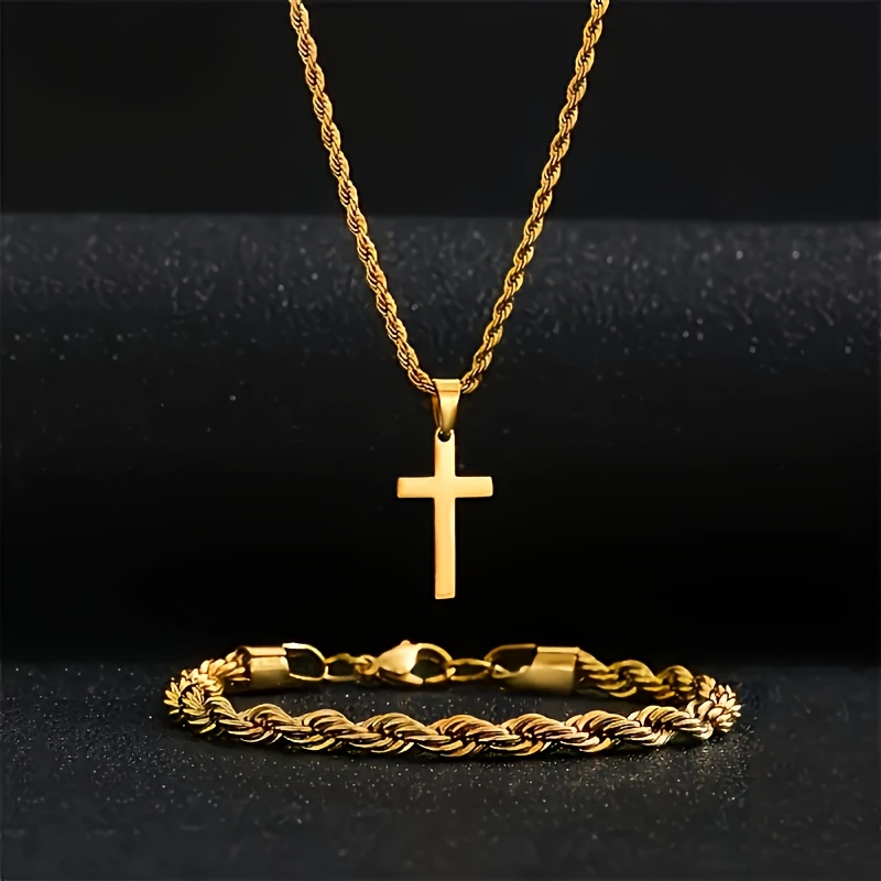 Image of 2pcs Bracelet + Pendant Necklace Set - Stylish Unisex 202 Stainless Steel Cross Pendant For Men And Women, Casual Fashionable Design