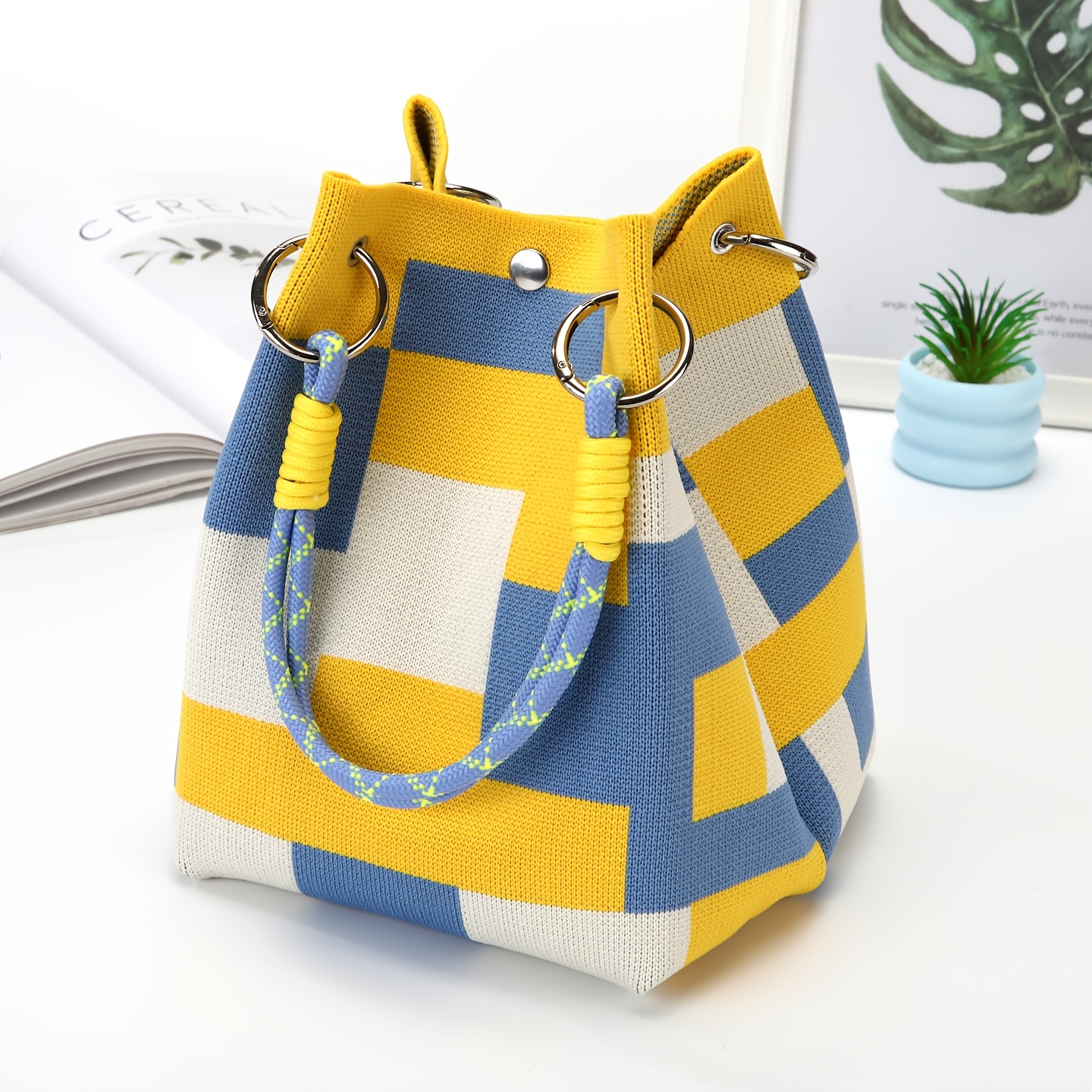 Women's Crossbody Bag, Color-block Striped Knit Bucket Tote, Fresh And Versatile Handheld Bag, Lightweight And Compact, Ideal For Commuting, Shopping, Travel, And Daily With A Small Storage Bag