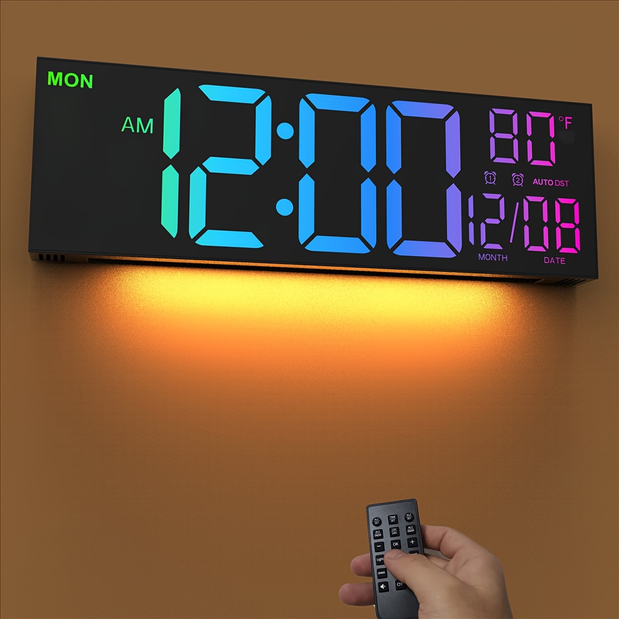 1pc Simple 40.64 cm Large Digital Wall Clock, Remote Control, Double Alarm Clock, 8 RGB Colors, DST Switch, Adjustable Brightness, Square Design Room and Bedroom Decor, Home Clock. (powered by USB)