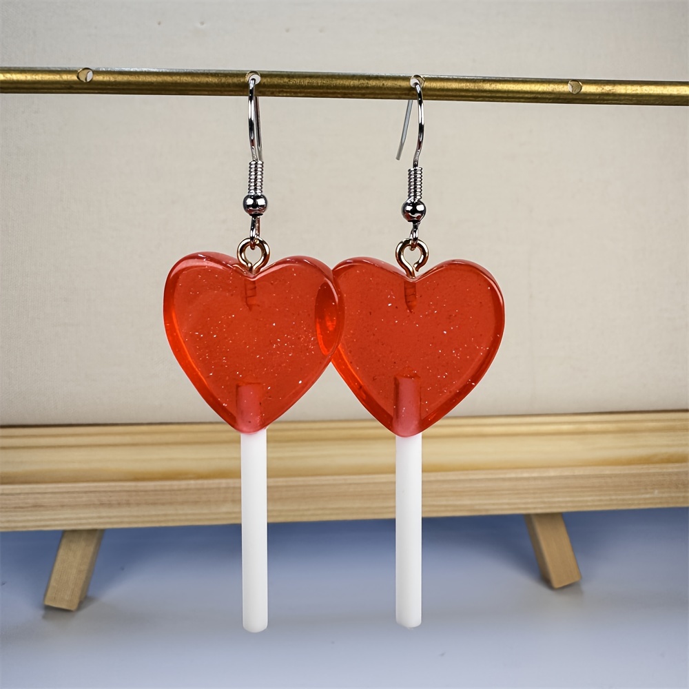 candy color heart shape lollipop dangle earrings   resin jewelry valentines day gift for lovers details 7