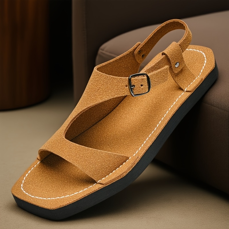 mens summer sandals slip on lightweight breathable pu upper with adjustable strap non slip thick   sole for casual beach outdoor wear yellow tan eu 38 47 strappy sandals minimalist   durable   insole vacation shoes    able footwear travel shoes Product details 1