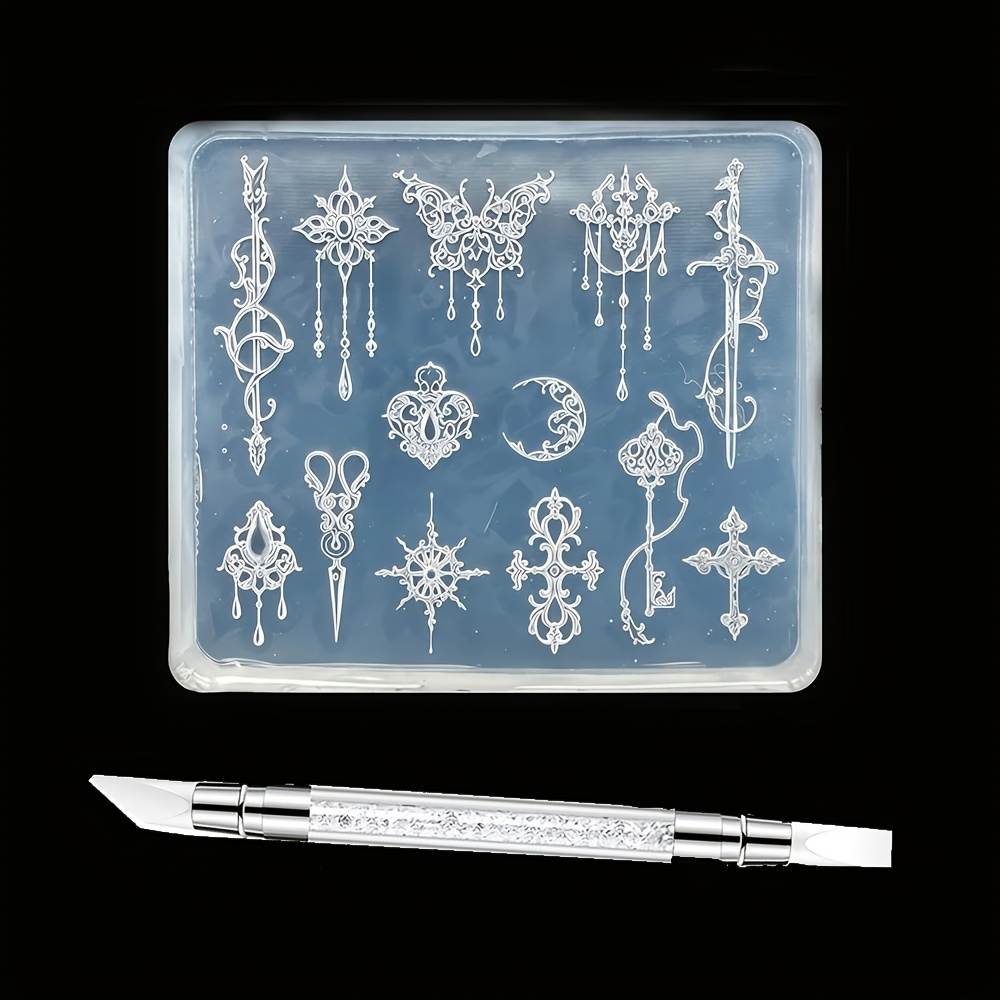 TEMU 2pcs Baroque Pattern Gel Nail Art Molds Moon Resin Sword Molds Nail Additions