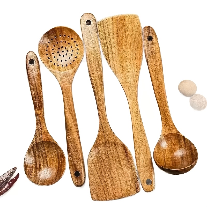 TEMU Set di 5 utensili da cucina in legno, set di 5 utensili da cucina, utensili da cucina per padelle antiaderenti, cucchiaio da e spatola per wok,