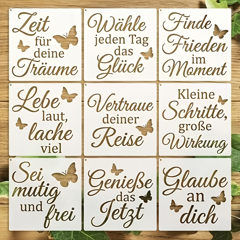 E-shop 9-teiliges Set Mal-Schablonen mit deutschen inspirierenden Zitaten, DIY handgemachte Dekorationsschablonen, wiederverwendbare Mal-Schablonen