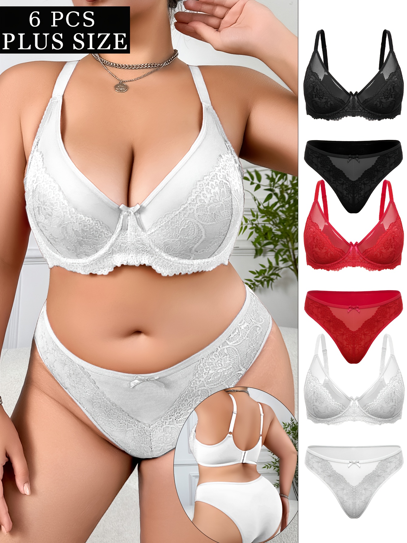 6-delig Dames Plus Size Sexy Lingerie Set, Bloemenborduurwerk Doorschijnende BH en Mesh Lage Taille Slipjes, Stalen Cirkel Lift Anti-Sag, Ademende en Comfortabele Kant BH Set met Verstelbare Bandjes en Strik Decoratie, Dagelijkse Lingerie en Slipjes