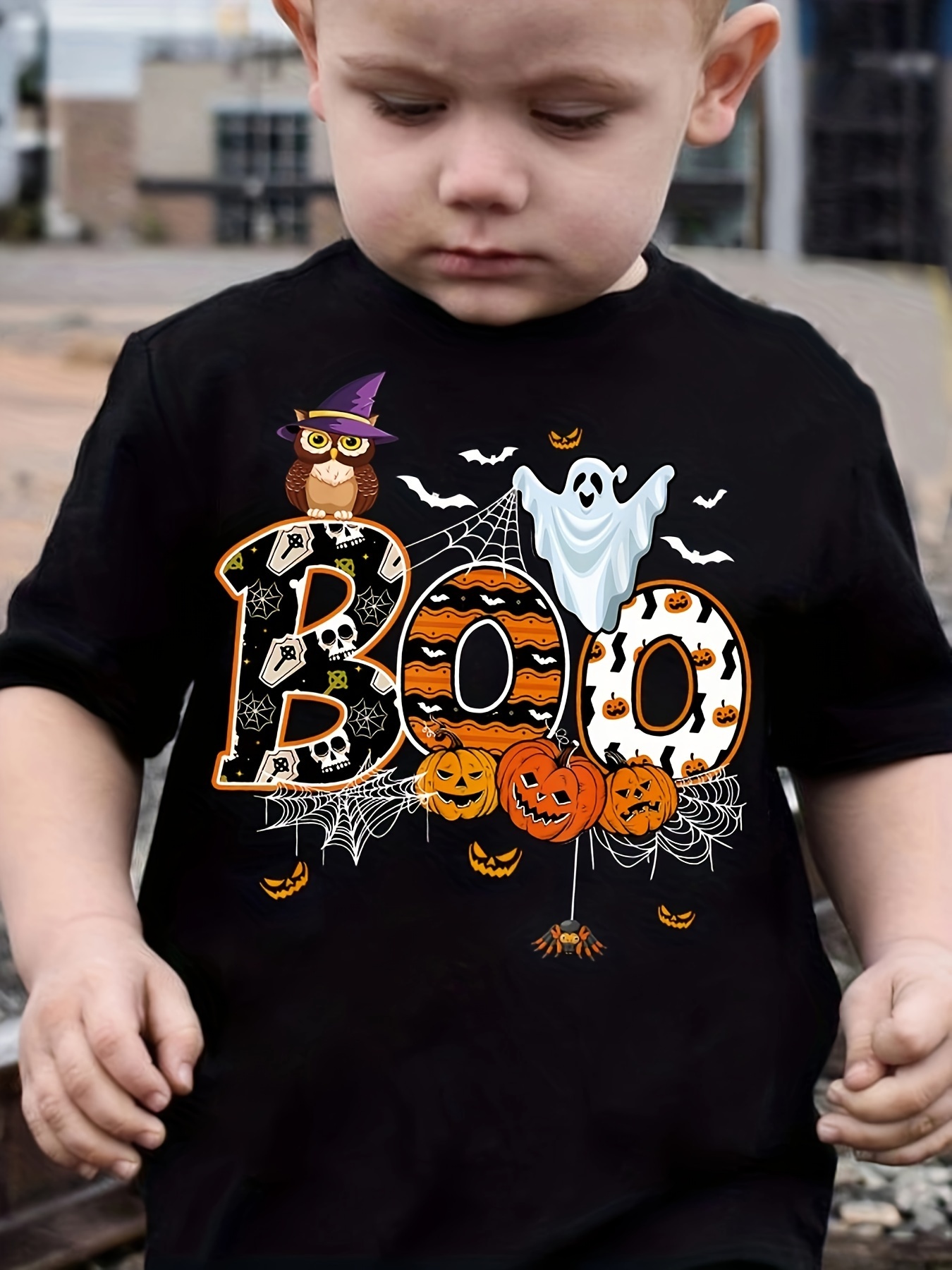 Camiseta de Halloween para Niños con Estampado de y &*;BOO&*;  Adorables Diseño de Cuello Redond