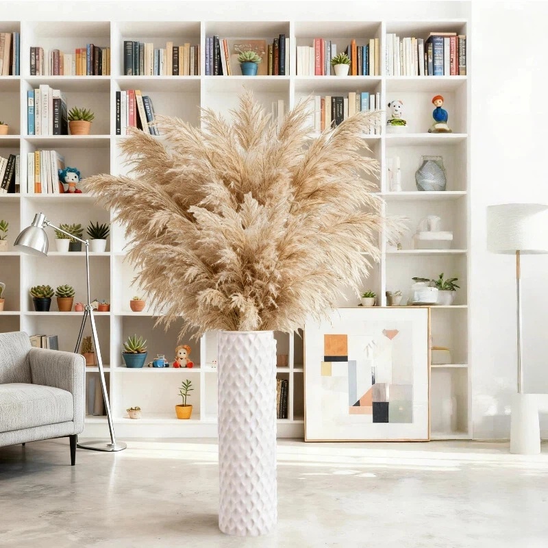 Image of Large 18.9-inch White Modern Floor Vase With Pattern - Tall Cylindrical Plastic Flower Pot Suitable For Home, Wedding, Party Decor - Boho Scandinavian Centerpiece, Durable & Easy-clean -free Vase