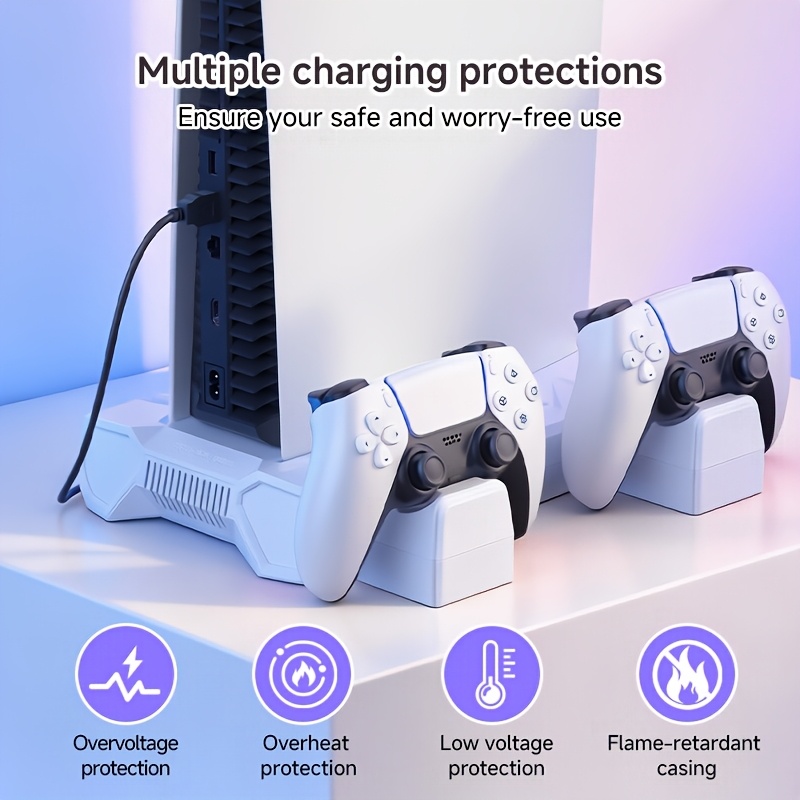Koel- en Oplaaddock voor PS5/Slim, Met Turbine Koelontwerp, RGB Sfeerverlichting, Meerdere Intelligente Oplaadbeveiligingen, LED Oplaadindicator, Draadloze Controller Oplaaddock voor Dubbele Controllers, Hoofdtelefoonstandaard en Andere PS5 Accessoires