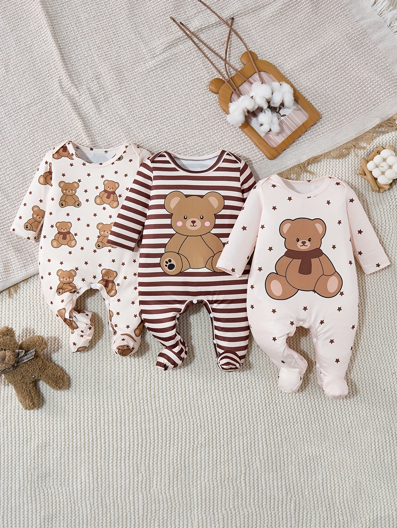 3pcs set of baby footed rompers cartoon scarf random bear print striped long sleeve   baby christening outfit   wear soft fabric baby boy crawling suit