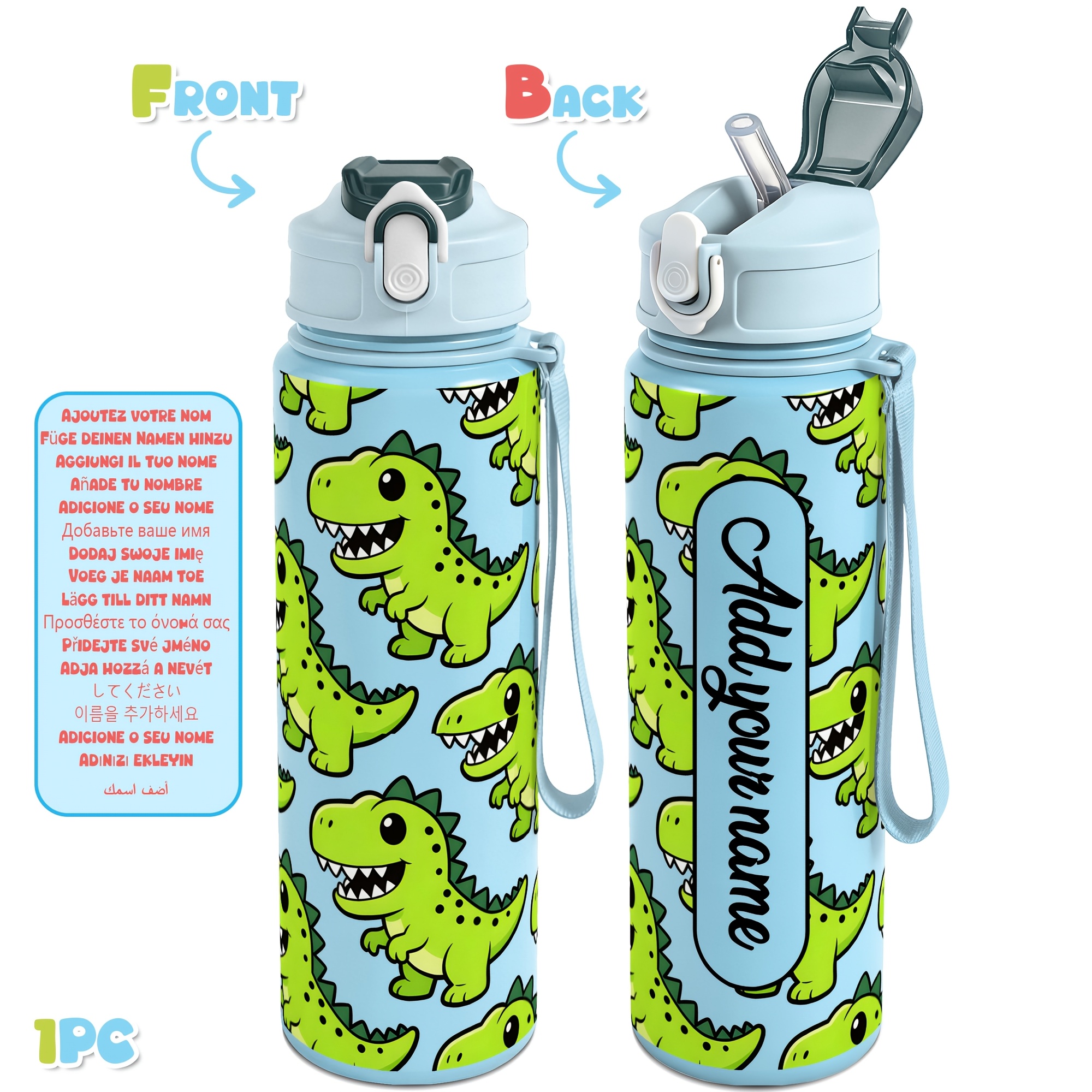 TEMU 1pc, Custom Name 25oz Leak Proof Sports Water Bottle 750ml Large Capacity Personalized Dinosaur Pattern Water Cup Reusable Drinkware For Outdoor
