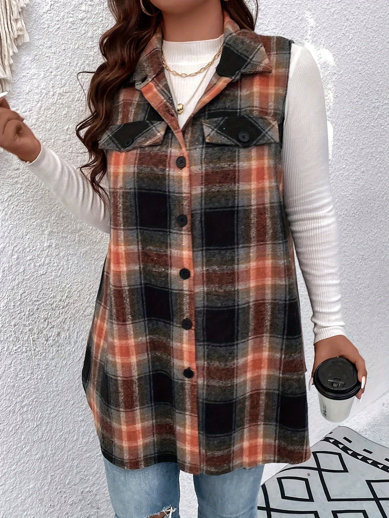 Plus Size Plaid Pattern Button Front Vest, Casual Sleeveless Flap Detail Gilet Jacket For Fall & Spring, Women's Plus Size Clothing