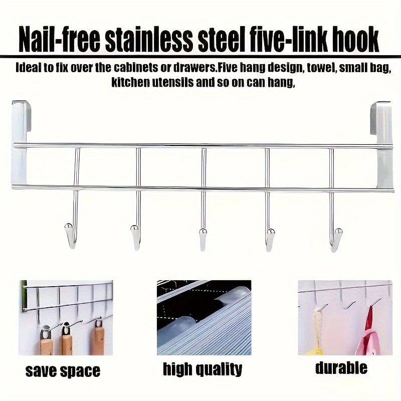 stainless steel 5 hook kitchen bathroom organizer no drilling required   towels clothes utensils and more details 9