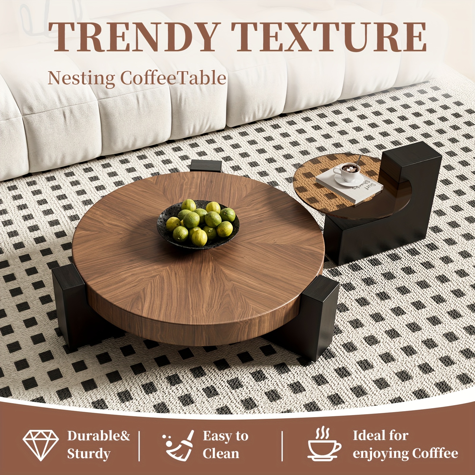 2pcs Set of Modern Round Wood Coffee Table with Geometric Leg Design