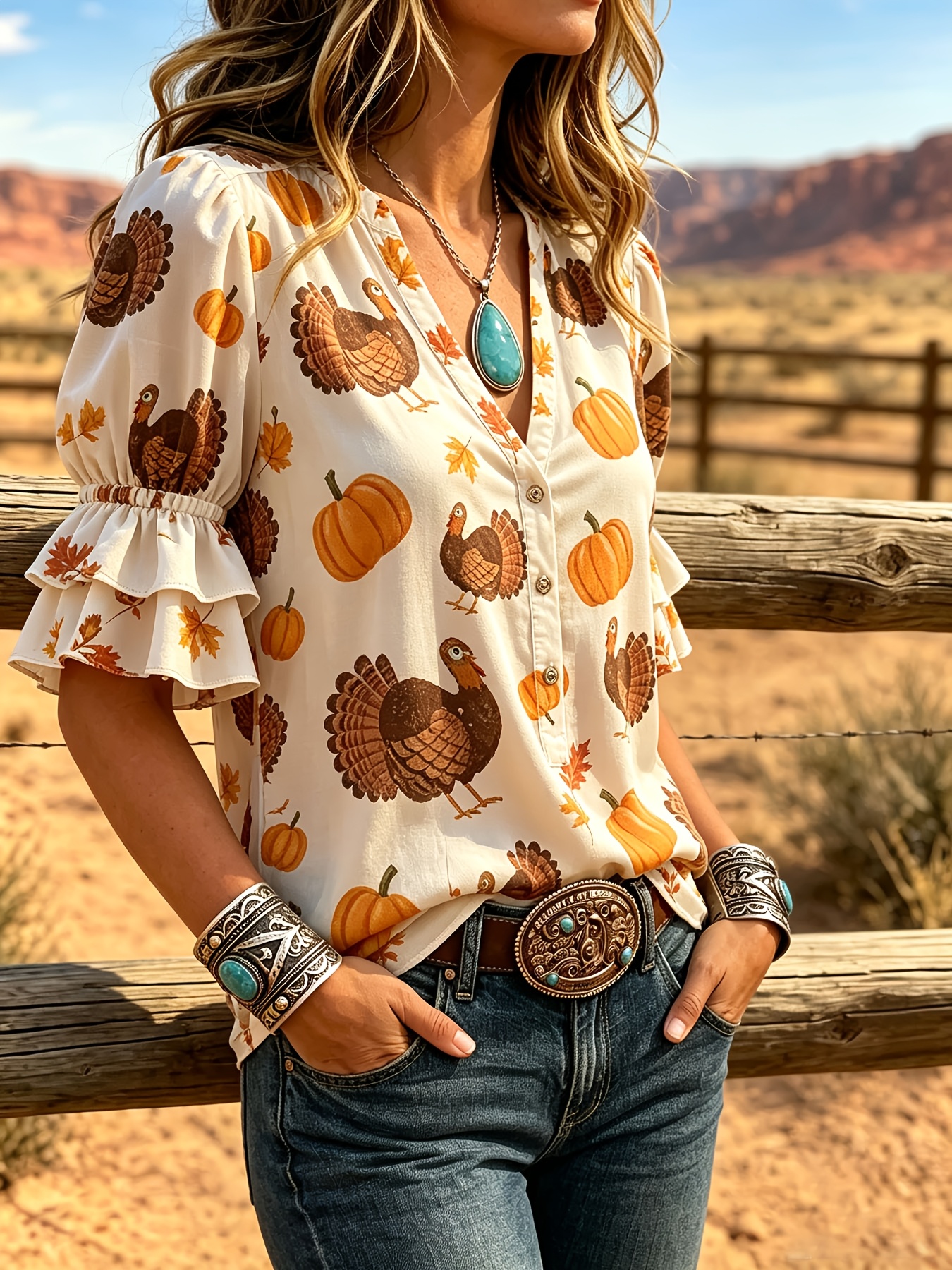 pumpkin print womens double ruffle sleeve blouse casual v neck button shirt lightweight summer top