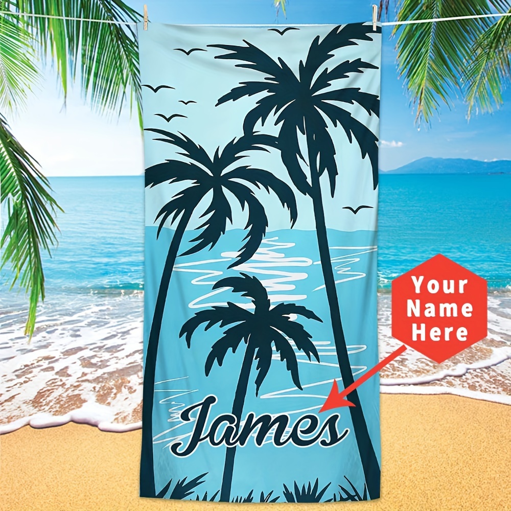 

1pc Personalized Custom Name Beach Towel, Ultra-fine Quick Drying Microfiber, Ideal For Beach, Yoga, Sunbathing, Sports, Modern Design With Palm Trees