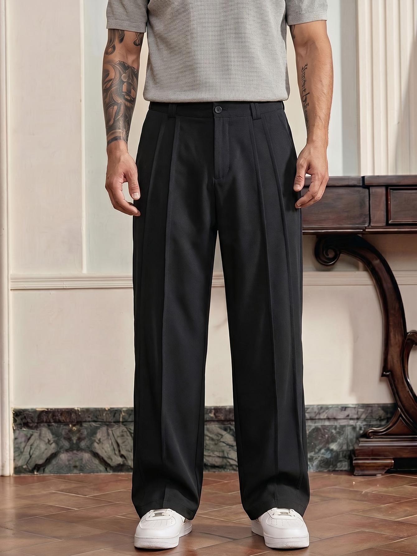 mens solid color streetwear trend casual dress pants crinkle design regular fit casual loose long pants lazy   leg trousers suitable for daily wear and   spring summer and autumn