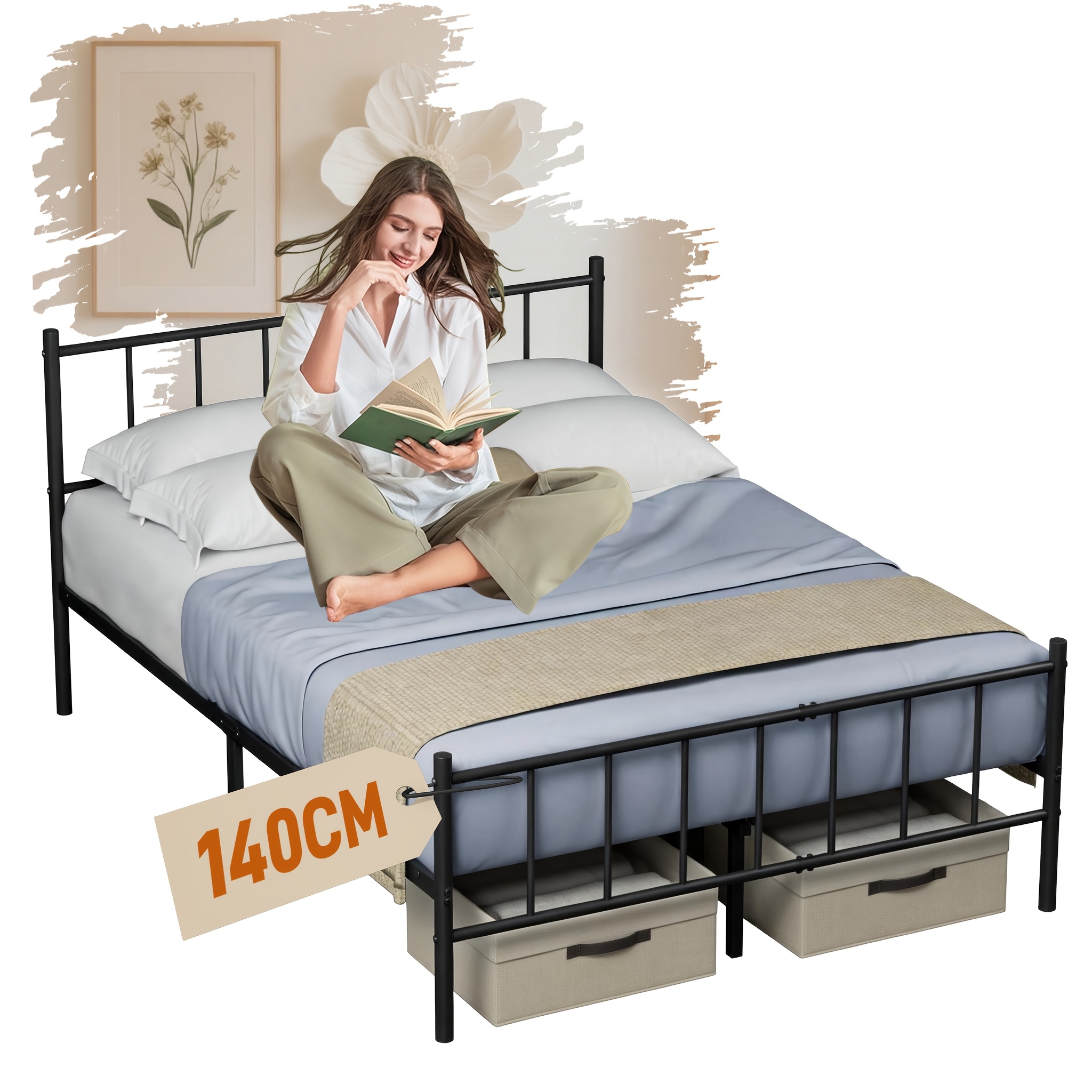 TEMU Lit moderne en métal avec tête de lit et pied de lit, stable et facile à assembler, avec espace de rangement sous le lit, convient aux chambres