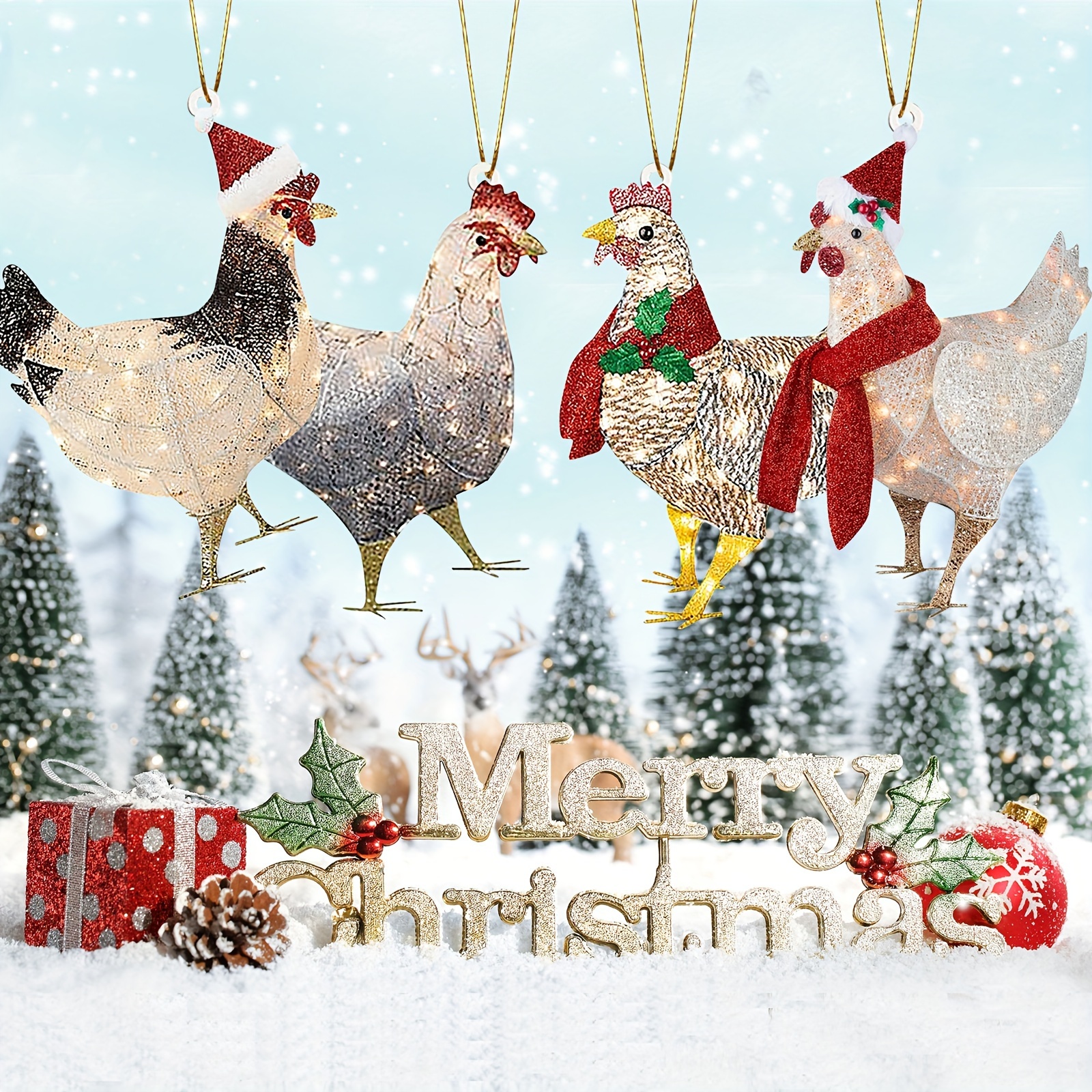 

4pcs Acrylic Chicken Christmas Ornaments, Festive Rooster Tree Decor With Scarves, Holiday Hanging Decorations