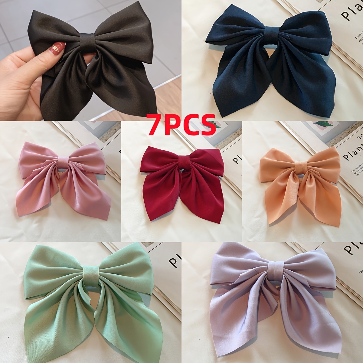 TEMU 7pcs Elegant Solid Color Large Bow Hair Clips, Hair Accessories For Ladies, Ideal Perfect For