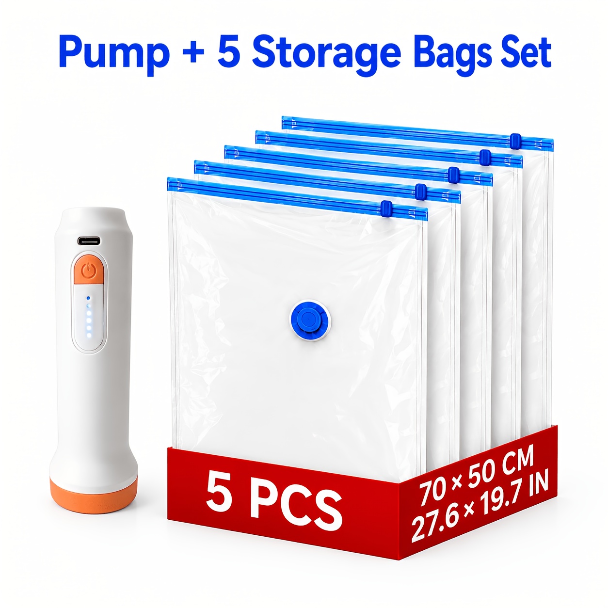Image of Hotu Electric Vacuum Pump Set With 5 Large 70 × 50cm Vacuum Storage Bags, Usb Rechargeable Portable Air Extractor For Clothes, Bedding, Travel And Moving, Space- Organizer, Orange Or White
