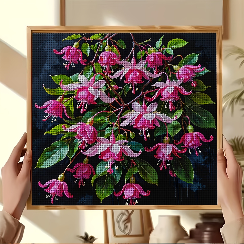 DIY Cross-Stitch Printed Kit, Frameless, Black Background with Flowers