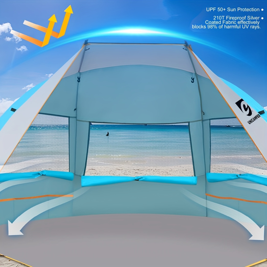TEMU Beach Tent 3 Person Sun Shelter Upf 50+ With Extended Waterproof Pe Floor & 3 Mesh Roll Up Windows Fits, Portable Beach Shade Easy Setup For