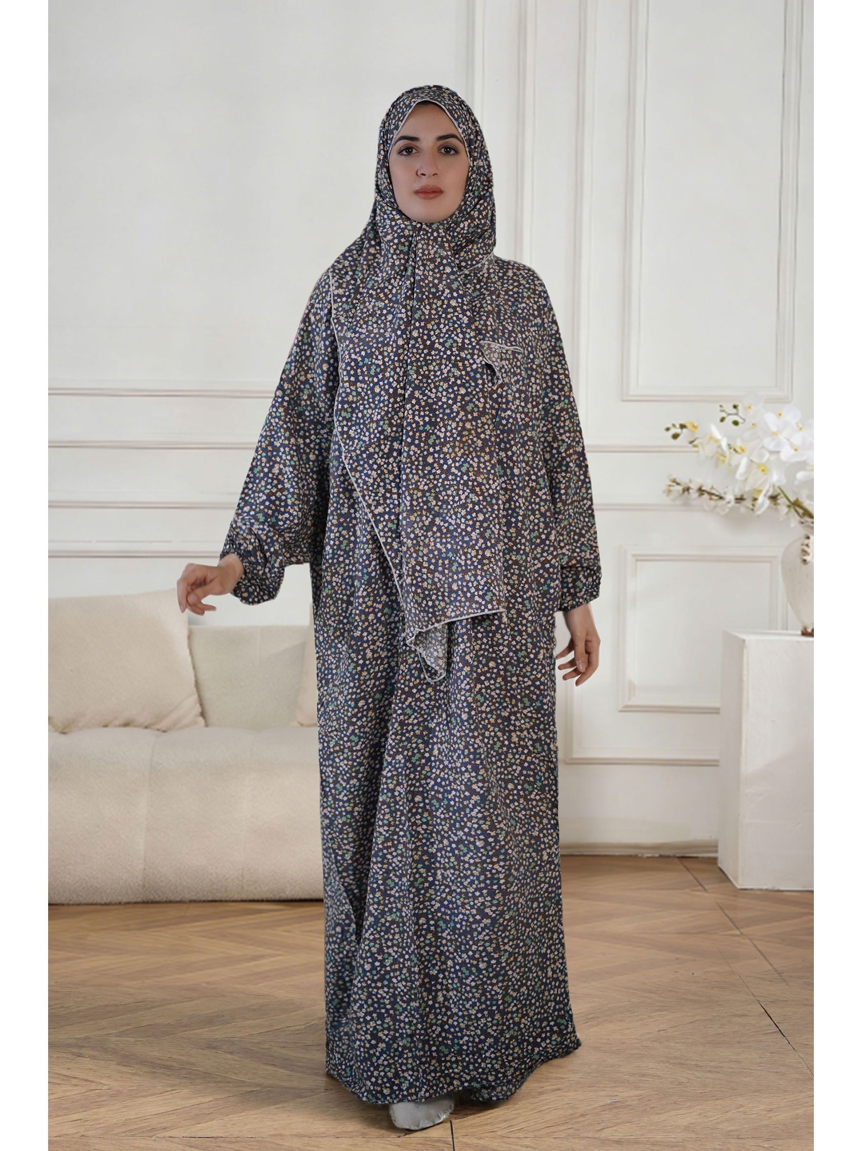 islamic fashion long dress Hooded Butterfly Kaftan Dress Set 3 Pcs Long Dress Silver Beads & Embroidery Black Black / L main image 0