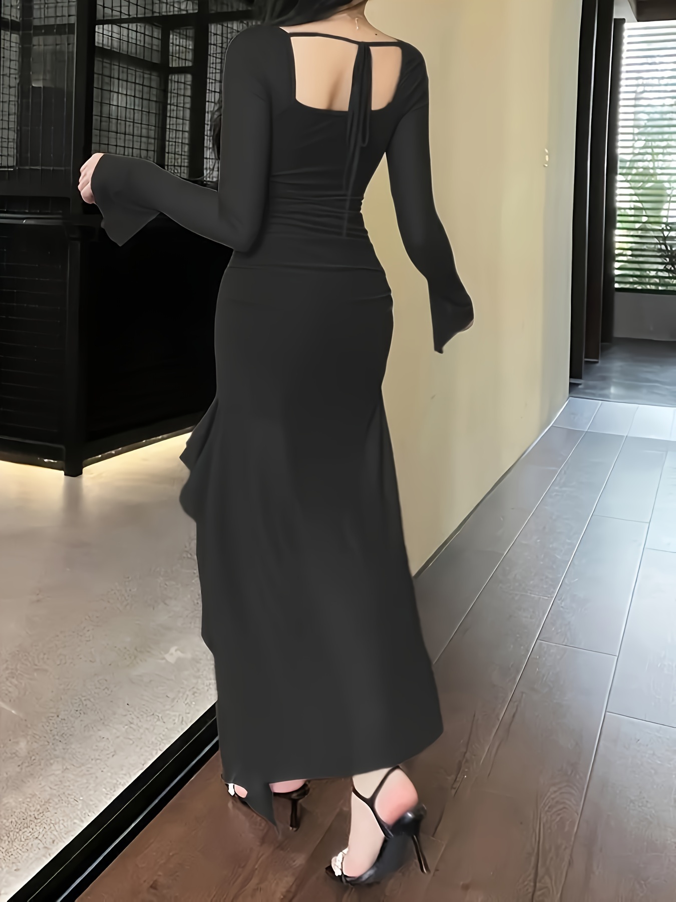 bodycon fit and flare dress Long Flared Sleeve Drape Detail Mini Bodycon Dress In Blue Slinky | EGO US