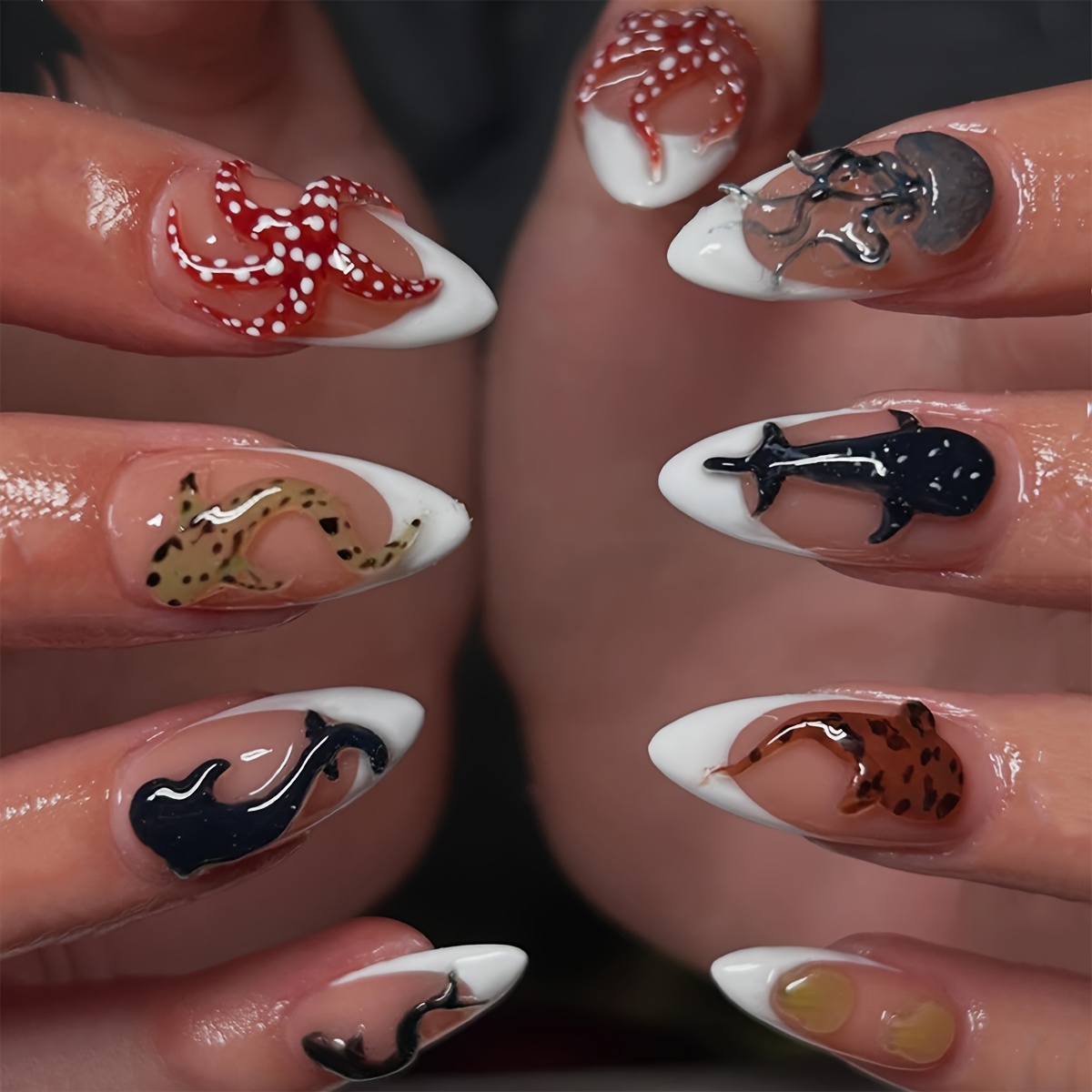 TEMU 24pcs Faux Ongles d'Été , Art Acrylique avec de 3D comme Étoiles de Mer, et . Parfaits pour les Vacances , les Pool Parties et les Réunions.