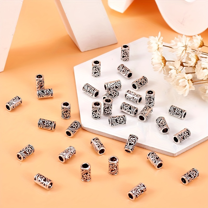 

60pcs Vintage Tibetan Antique Silvery Pillar Spacer Beads - Alloy Metal, Large Hole Design For Diy Jewelry Making & Crafts