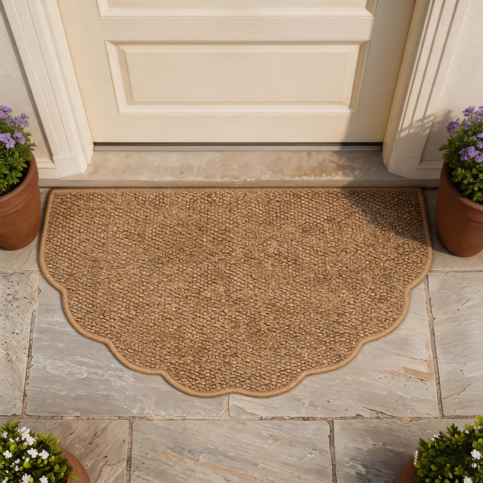 TEMU 1pc Wavy Edge Pineapple Textured Doormat, Unique Scalloped Front Door Rug, Neutral - Style Floor Mat, Versatile For French Cream, Japanese -,