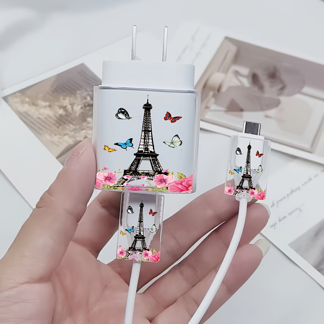 

For Samsung 25w Transparent Charging Set With Eiffel Tower And Butterfly Design, Tpu Charger Protector Case With Cable Protection For Samsung - 3 Piece Charger Protection Kit