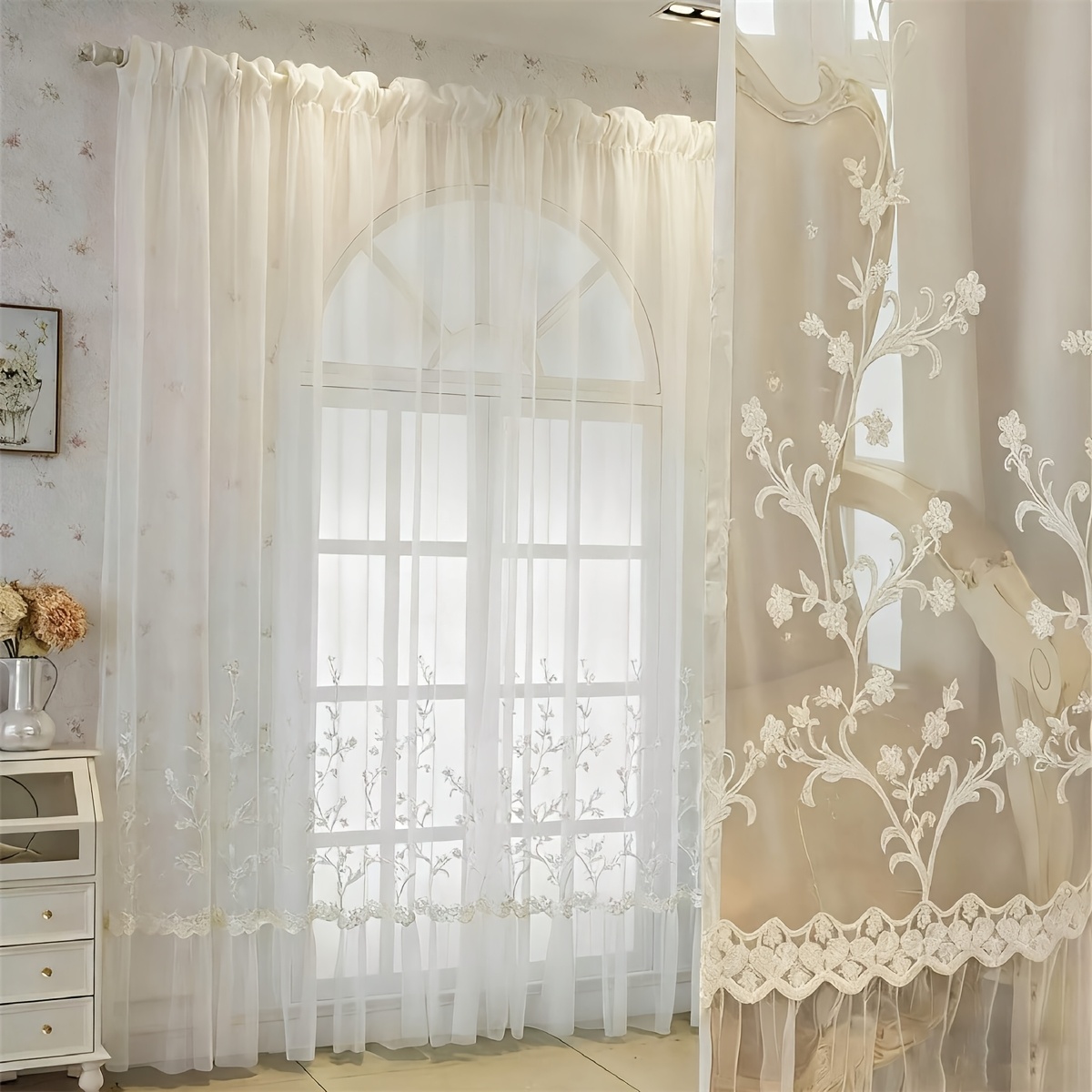 TEMU 1pc Embroidered Lace Edge Sheer Curtain, In A European Country Style, With A Rod . Made Of Semi-transparent Polyester Fiber, Featuring An
