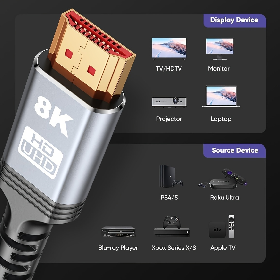 8k 10k 4k hdtv кабел 48 , сертифициран ултра висок брзински hdtv кабел плетен кабел-4k@120hz 8k@ , -x, 2, 2 и 2, 3, hdr 10 компатибилен со tv/ps5/hdtv/blu-ray Детали за производот 3