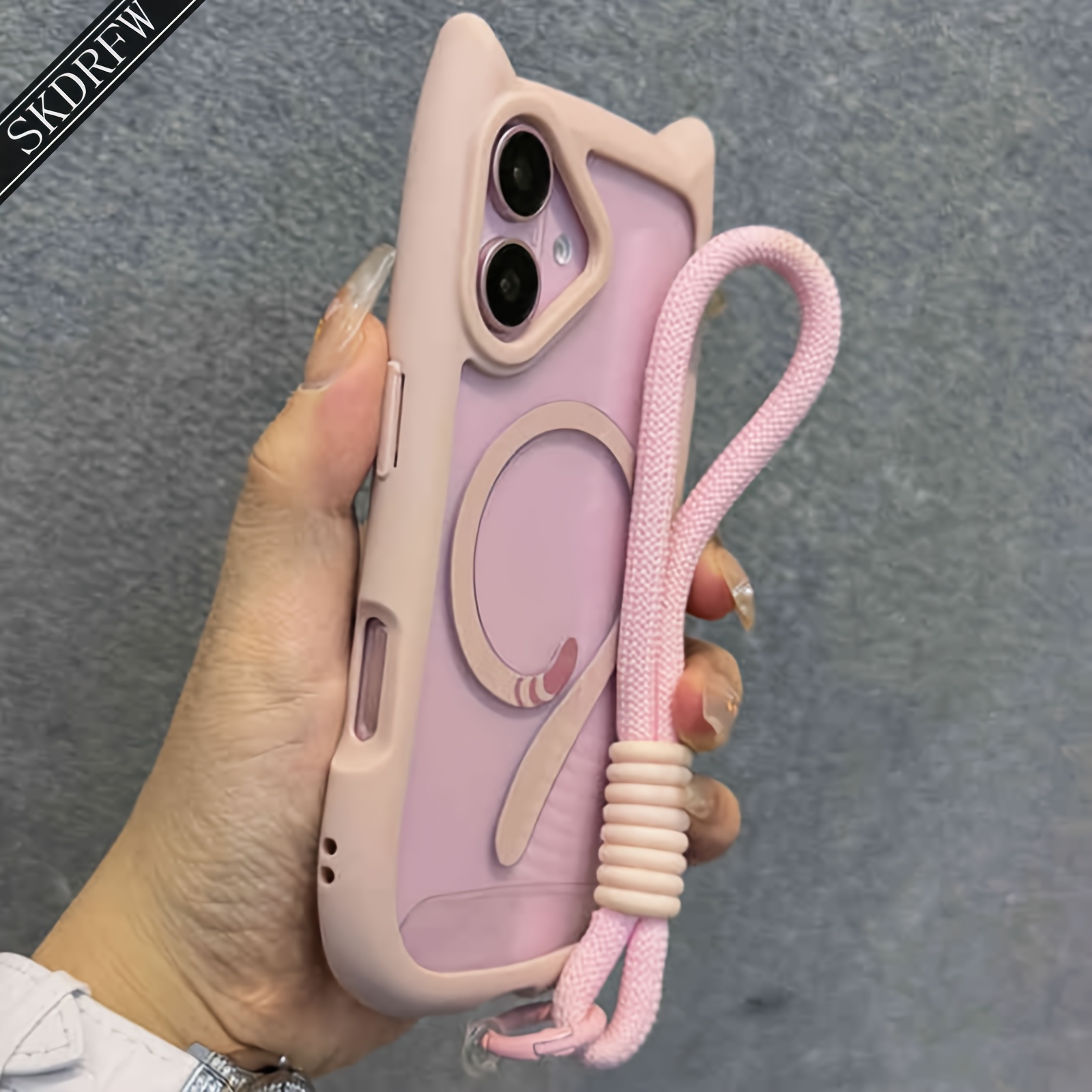 TEMU Phone Case - Easy Korean Cute 3d Cartoon Cat Ears Transparent Acrylic Case With Cat Tail Magnetic Ring And Lanyard Suitable For Iphone 18 18pro