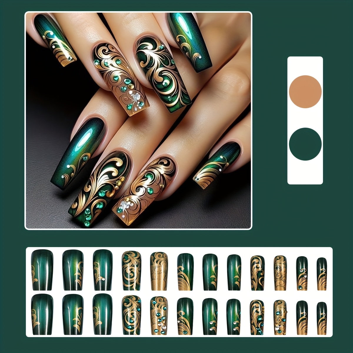 24pcs Green Glitter Square Press-on Nails With Jelly Glue And Nail File