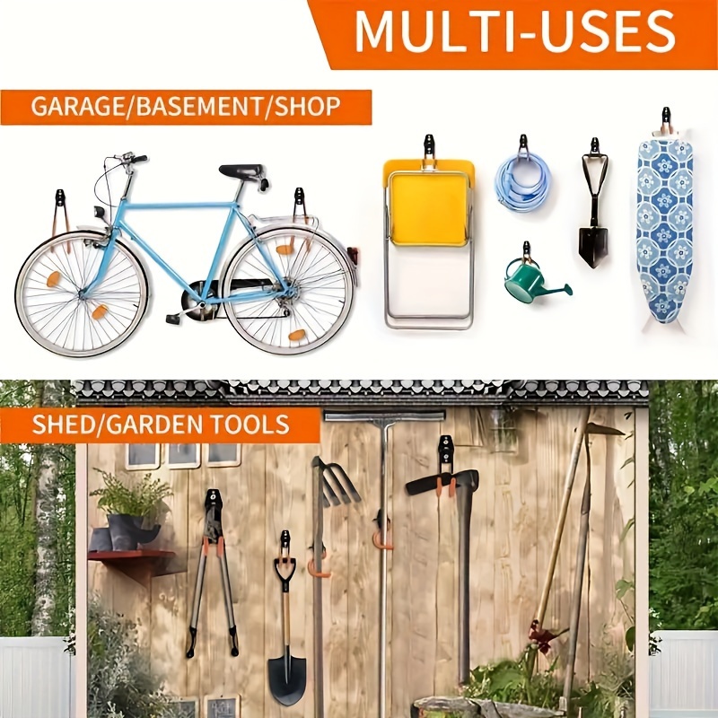 2 Pack Garage Storage Utility Hooks，Garage Garden Tool Organizer，Steel Wall  Mount Hooks, Garden Small U Hooks (Black) (Orange)
