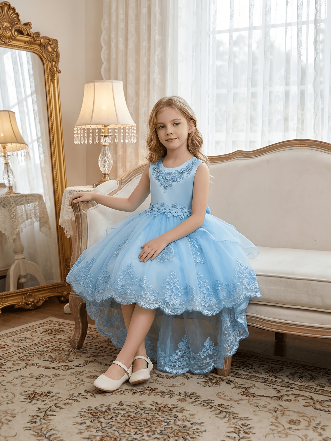 used alfred angelo bridesmaid dresses DZ9583 Dusty Blue Long Girl Party Dress With Bow Back – TANYA BRIDAL main image 0