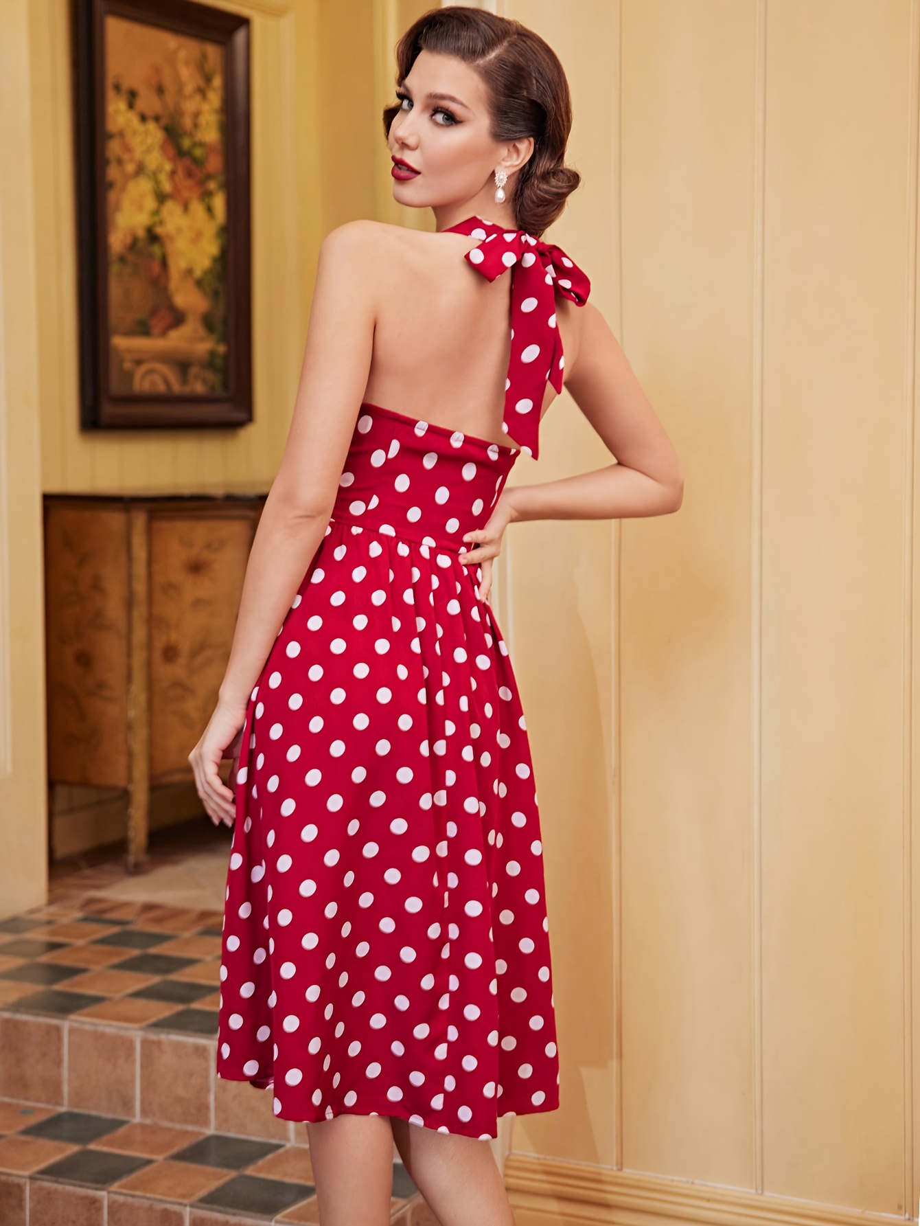 Halter Neck Red Polka Dot Vintage Dress Printed Pleated Front Halter Neck  Backless Dress Summer Temu