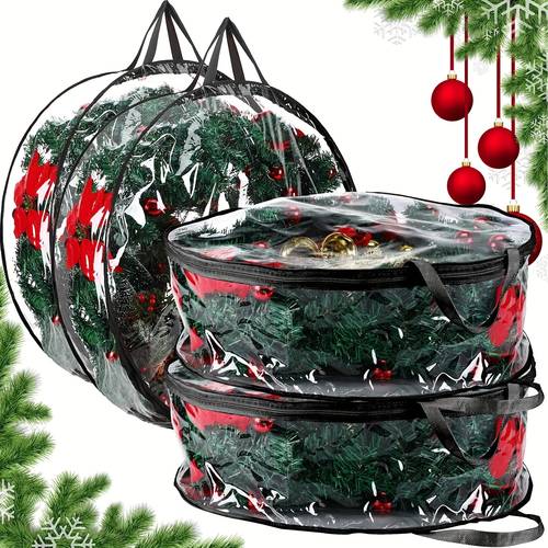 2 4pcs 24 30 inch transparent wreath storage bags heavy duty pvc garland protectors with handles for seasonal christmas wreaths storage organization and protection ideal for winter christmas party gift supplies and organizer needs